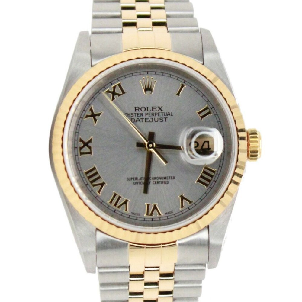 ROLEX DATEJUST GREY ROMAN DIAL 18K GOLD & STEEL FLUTED JUBILEE WATCH 36 MM 16233